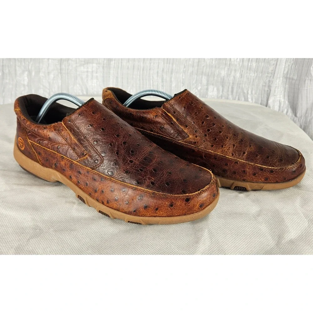 Roper Men's 10.5 Cognac Ostrich Print Leather Slip On Casual Driving Mocs Shoes